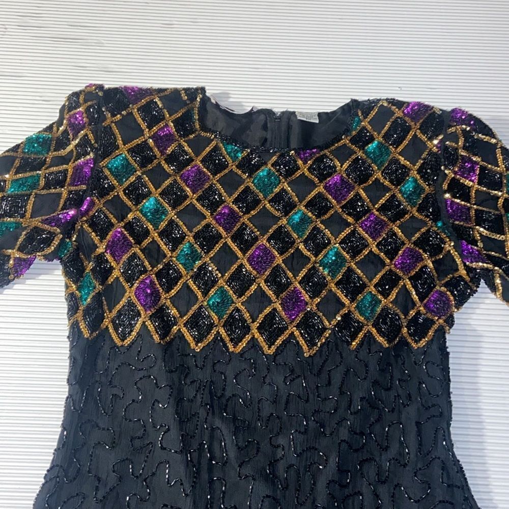 Vintage 80s Laurence Kazar Beautiful Silk Beaded and Sequins dress PM - Picture 3 of 10